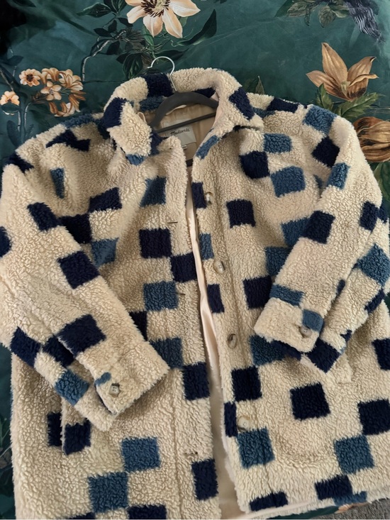 Madewell Jackets & Blazers - Madewell Cream Sherpa Checkered Coat with Navy and Blue Squares